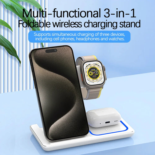 30W LED Fast Wireless Charger Stand 3 in 1 Foldable Charger