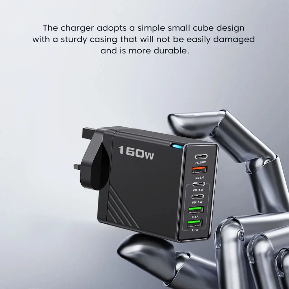 160W Multi-Port USB Charger – Fast Charging Type-C Wall Adapter for iPhone & Android