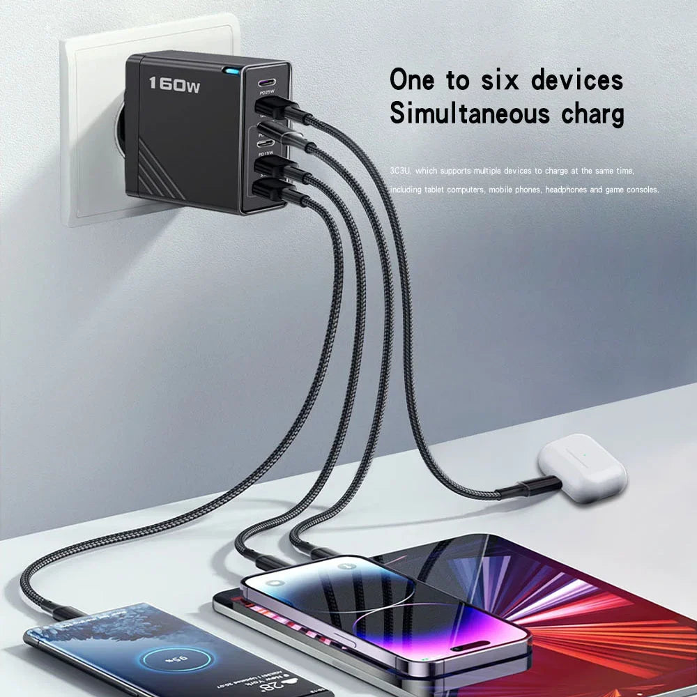 160W Multi-Port USB Charger – Fast Charging Type-C Wall Adapter for iPhone & Android