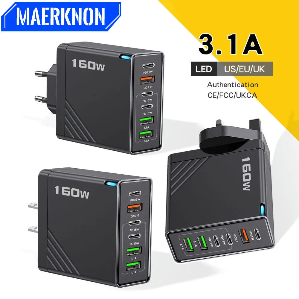 160W Multi-Port USB Charger – Fast Charging Type-C Wall Adapter for iPhone & Android