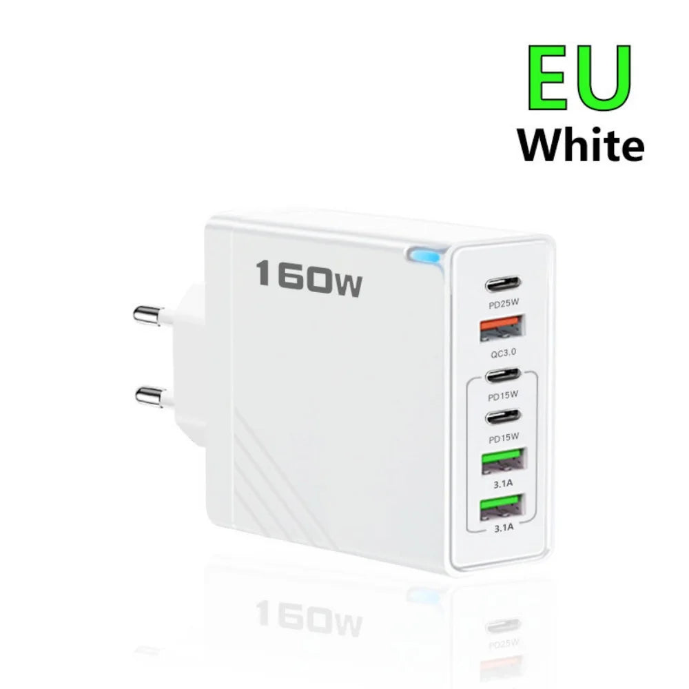 160W Multi-Port USB Charger – Fast Charging Type-C Wall Adapter for iPhone & Android